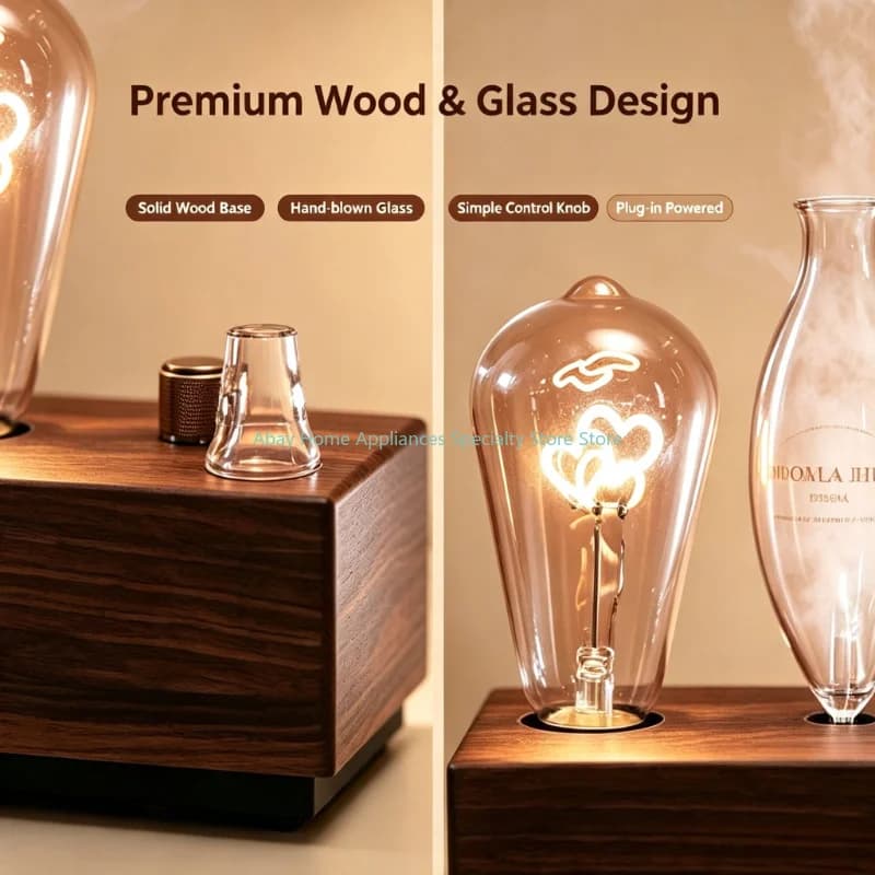 Waterless Nebulizing Essential Oil Diffuser Heart Shaped Light Wooden Glass Aromatherapy Nebulizer Electric Fragrance Machine