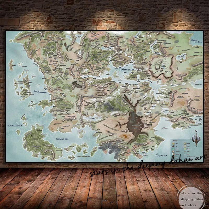 Mappa Fantasy, Mappa del Gioco Dungeons & Dragons, Mappa dei Reali dimenticati, Poster Artistico, Dipinto su Tela, Stampe da Parete, Immagine per Camera e Casa