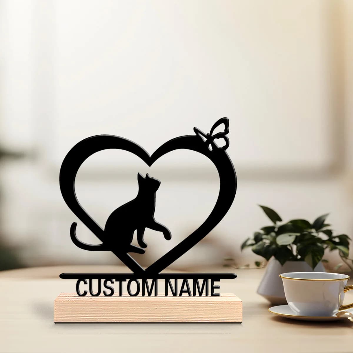 Statua in Metallo Personalizzata con Base in Legno, Decorazione da Tavolo con Tema Amore e Gatti, Regalo Commemorativo per Animali Domestici