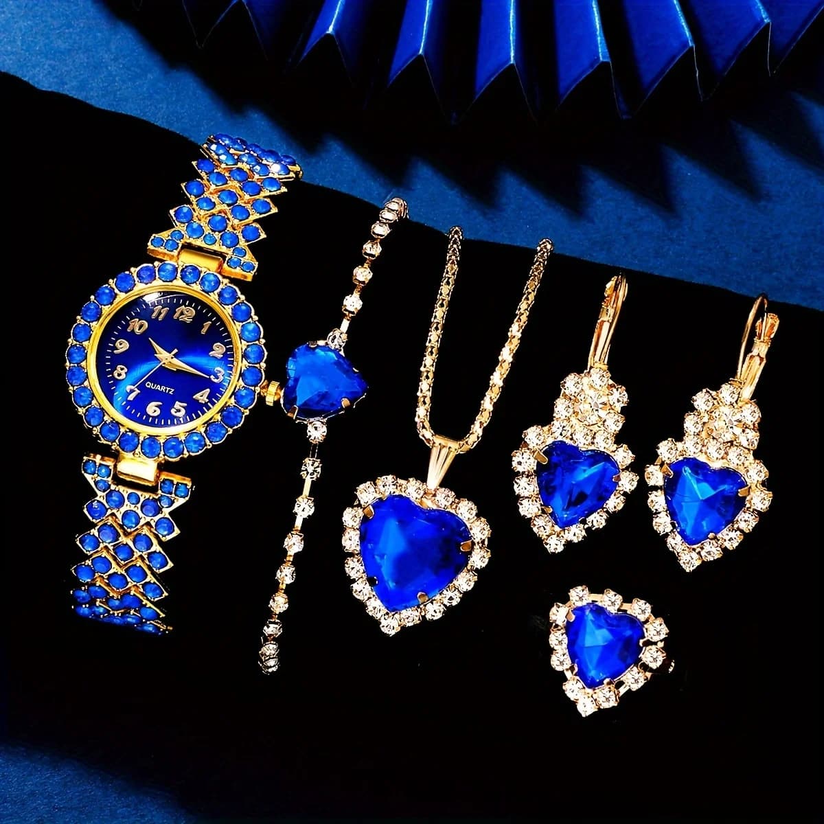 Elegant 6 Piece Women's Fashion Jewelry and Watches Set, Quartz Wrist Watch with Blue Dial with Women's Rhinestones, Women's Jewelry Set