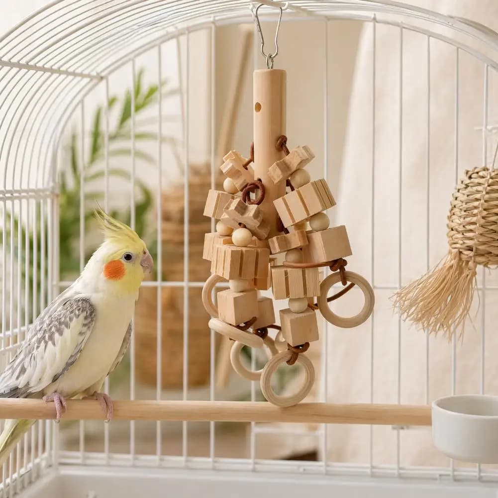 Safe Parrot Toy Wood Blocks Parrot Chew Toy with Wooden Rings Hanging Bird Cage Accessory for Parakeet Conure Cockatiel