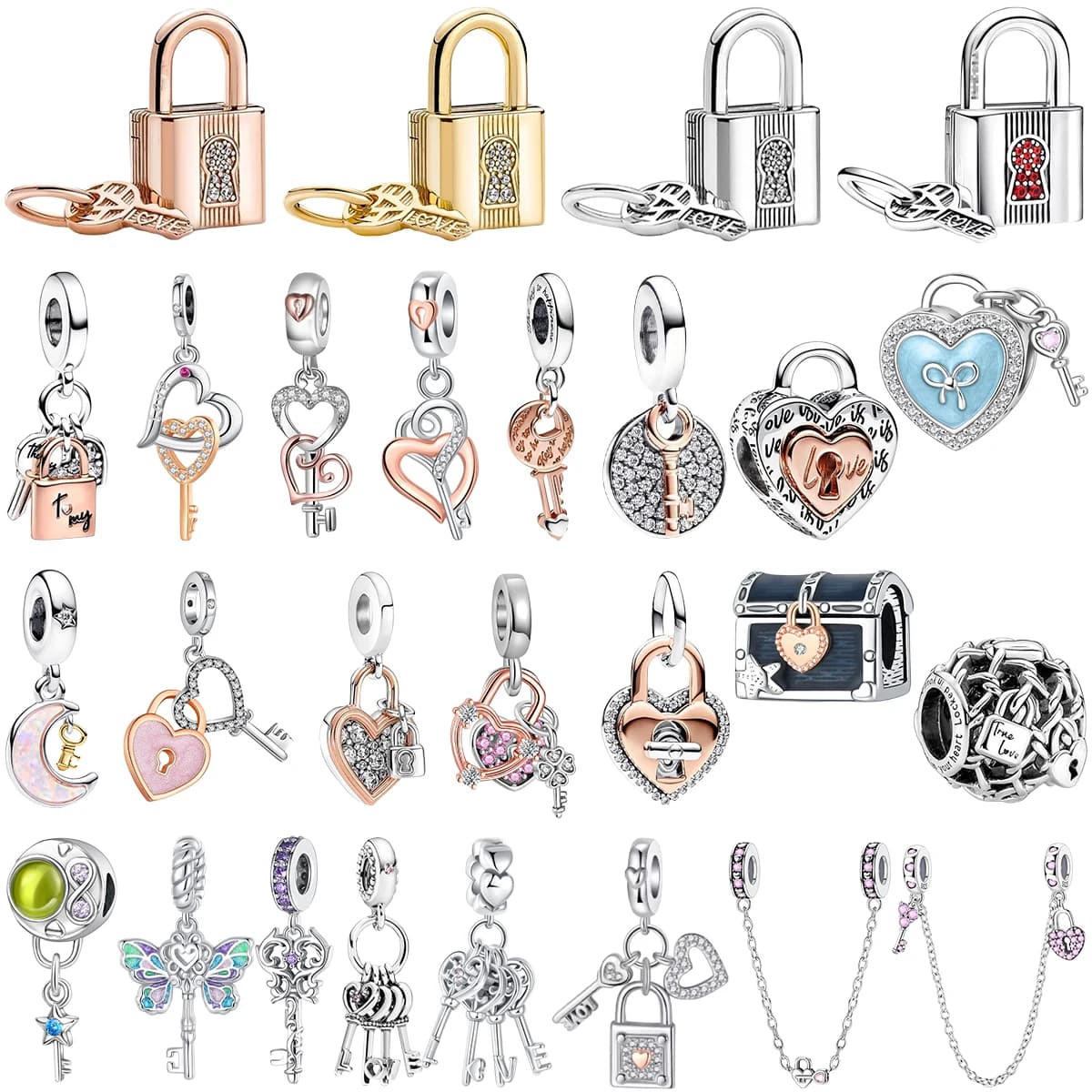 Ciondoli originali con lucchetto e chiave in argento sterling 925, pendenti con perline chiave a forma di cuore fortunato, adatti per braccialetti, regalo di gioielleria raffinata fai da te