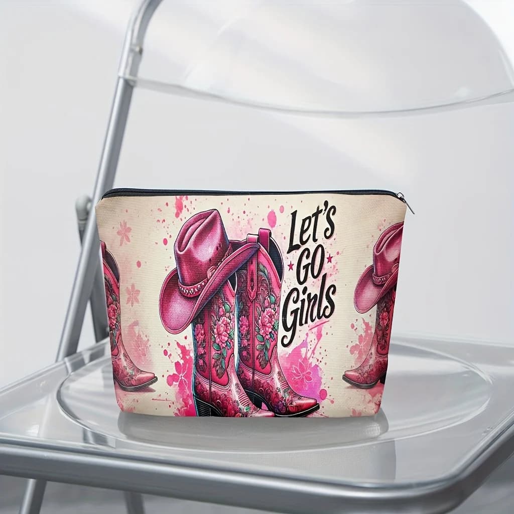 1, creative western style women's cosmetic bag & toilet bag, pink cowboy boots printed zipper travel medicine box, cosmetic storage bag, machine washable gift, for cowboy girl (multi-color)