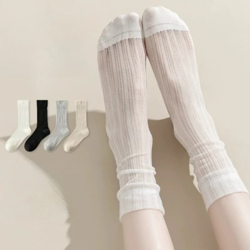 4 pairs of versatile mid length socks solid color socks summer thin design sweat absorbing breathable women's socks