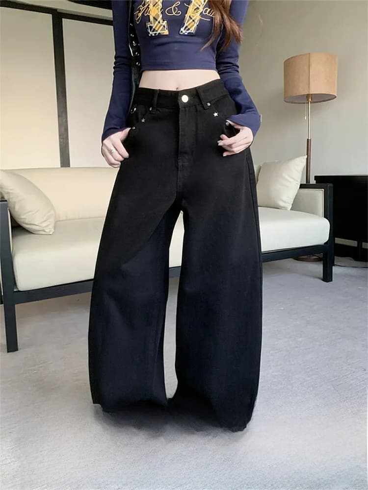 Jeans Americani a Gamba Dritta con Diamanti Incastonati, Taglia Grande, Nero Lavato, da Donna, Primavera 2026, Non Leggings, Gamba Larga e Sottile