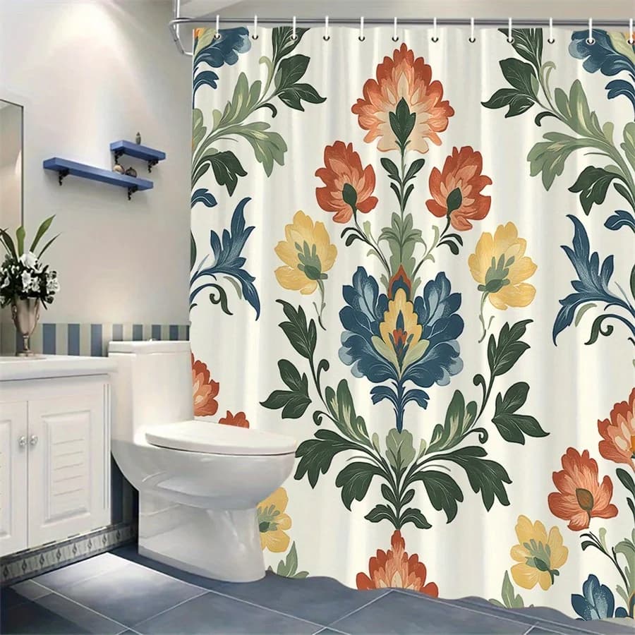 1 x Tenda da doccia floreale vintage - Fiori simmetrici di grandi dimensioni arancione, giallo, blu, materiale in poliestere, lavabile in lavatrice