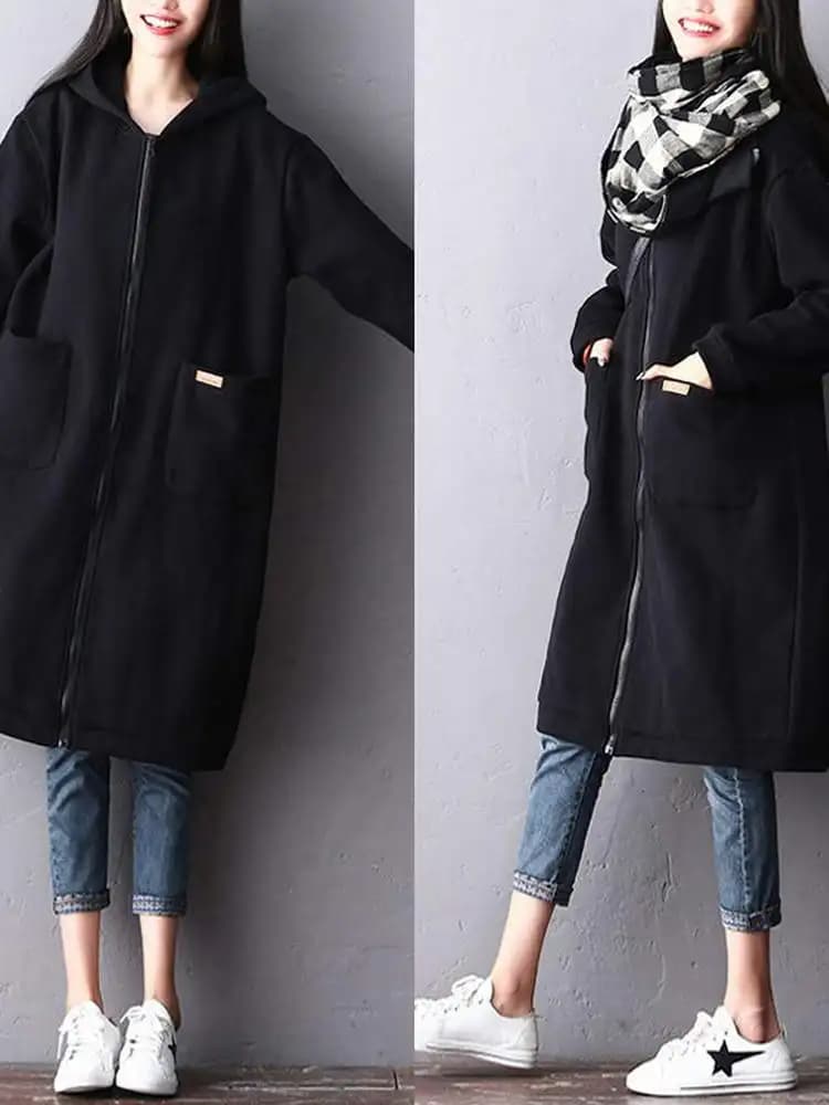 plus Size Women's Hoodie Jacket Thickened Long Zipper Cardigan Outerwear Autumn Winter New Style Comfortable Soft Polyester