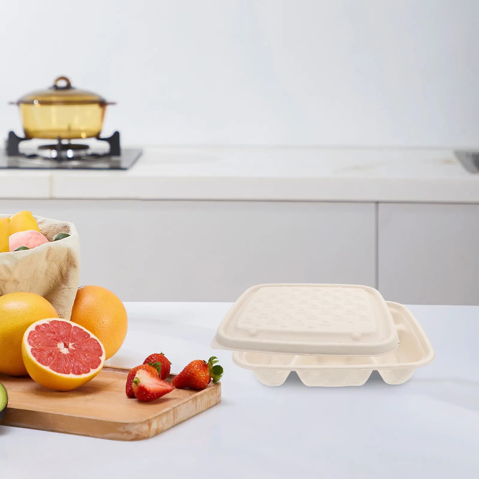 10 Contenitori in Polpa di Cellulosa Divisi per la Preparazione dei Pasti, 800ml, Robusti, Monouso, con Coperchio, per Ristoranti e Uso Domestico, per Conservazione Alimenti