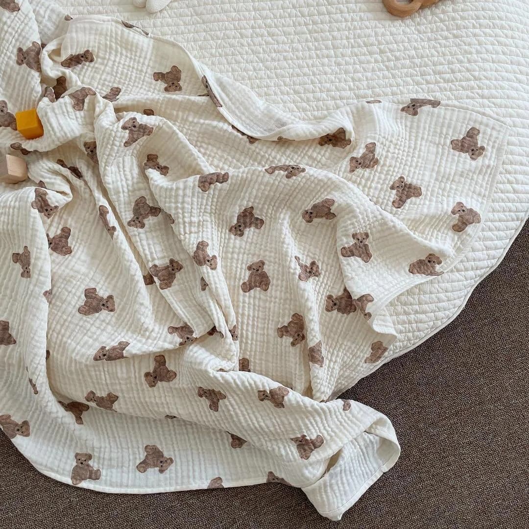Baby Bath Towel 90cmX130cm Bear Print Blanket Muslin Breathable Baby Stroller Cover Infant Cotton Gauze Swaddle Wrap Bedding