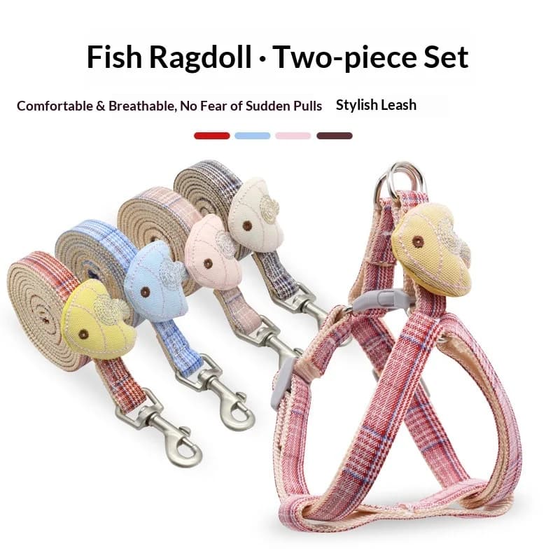 Small Dog Harness and Leash Set Plaid Pattern Soft Brocade Rope Pet Collar for Puppy Walking Training