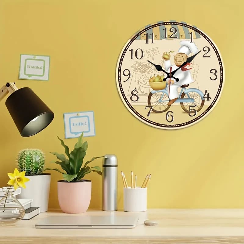 Chef's Themed Silent Kitchen Clock - Wood Round Wall Decor, Battery Powered (Excludes AA Batteries)