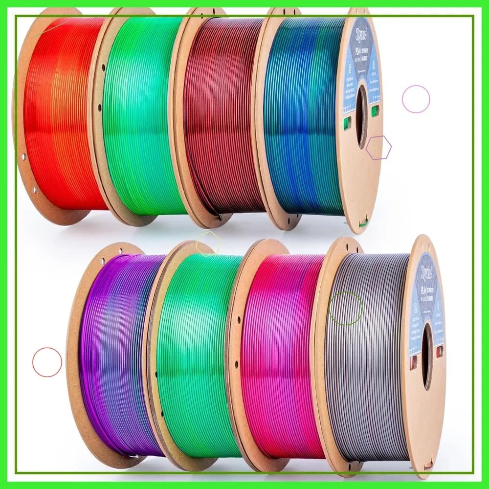 Filamento per Stampante 3D in PLA Seta 1.75mm, Confezione da 8KG, 8 Colori da 1KG Ciascuno, Compatibile con la Maggior Parte delle Stampanti FDM