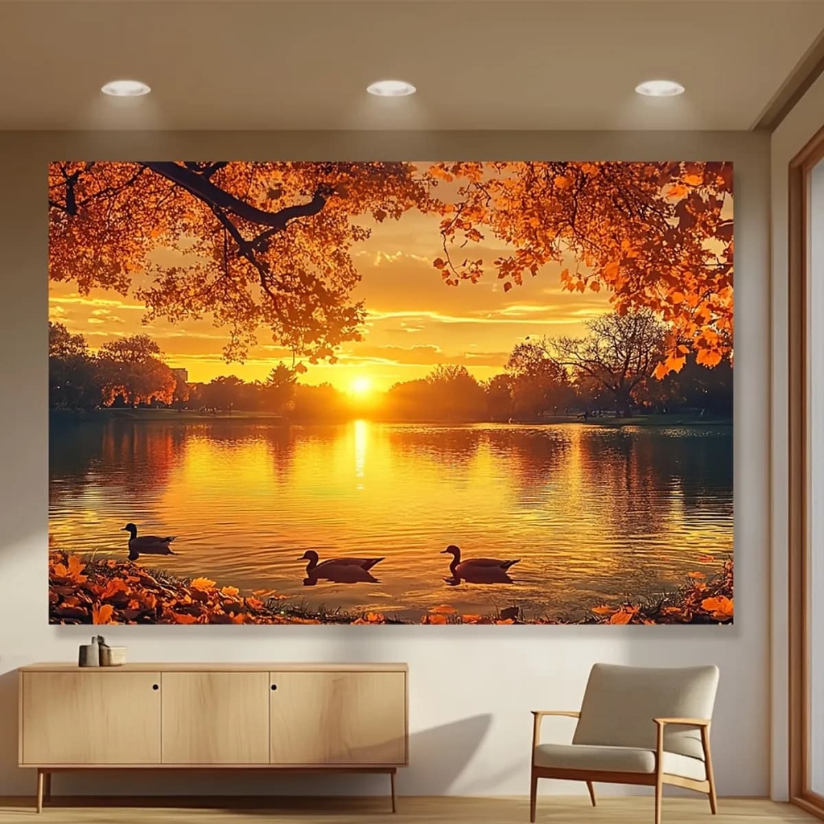 1pc Autumn Lake Tapestry - Sunset Wall Hanging Decor with Orange Leaves, Ducks & Water Reflection - Polyester Fabric for Living