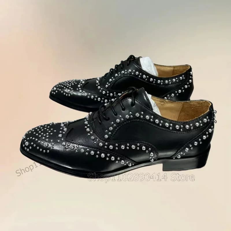 Mocassini Neri con Rivetti Argentati e Lacci, Scarpe Eleganti da Uomo con Punta Quadrata, Lussuose Fatte a Mano per Feste e Ufficio
