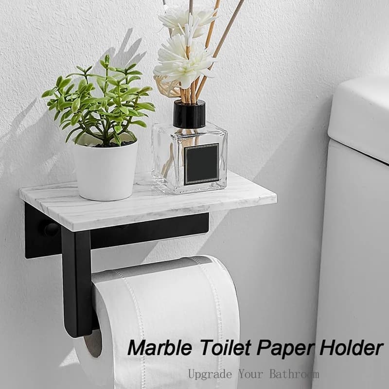Porta carta igienica in marmo con ripiano Porta rotolo di carta igienica Supporto da parete per mobiletto da bagno decorativo, nero durevole
