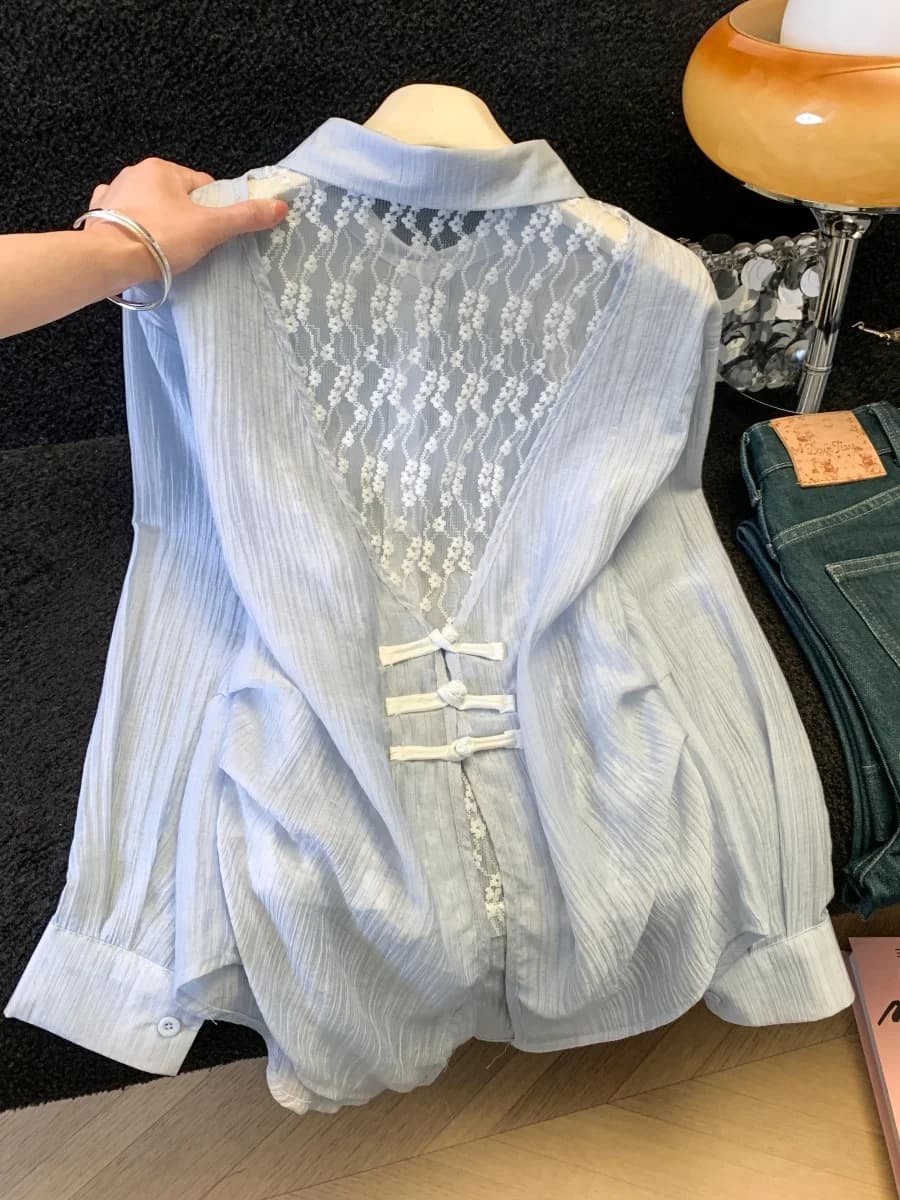Nuova Camicia Estiva da Donna in Stile Cinese con Maniche Lunghe e Inserti in Pizzo, Design Elegante per Protezione Solare, Blusa Sottile e Bella
