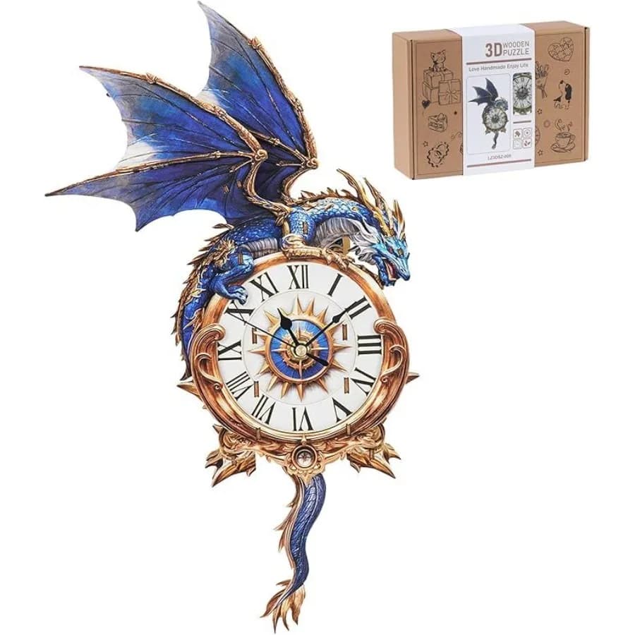 Puzzle 3D in Legno per Adulti: Kit Orologio a Pendolo Drago Blu, Decorazione per Casa e Stanza, Modello Fai-da-Te, Regalo per Feste, Compleanni e Natale