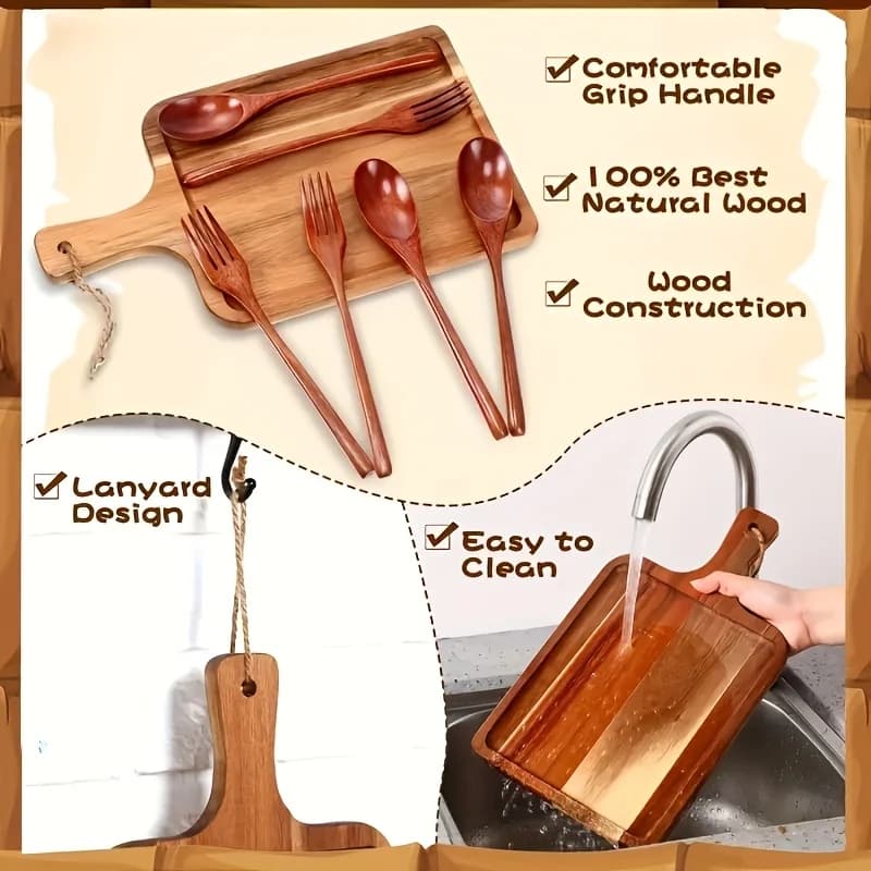 Set di 12 Taglieri in Legno di Acacia con Cucchiaio e Forchetta in Legno, Tagliere da Cucina con Manico, Piatto da Portata in Legno, Piatto da Servizio per Feste, Adatto come Regalo di Inaugurazione Casa (13,78 X 7,87 X 0,59 pollici) per Halloween, Natale