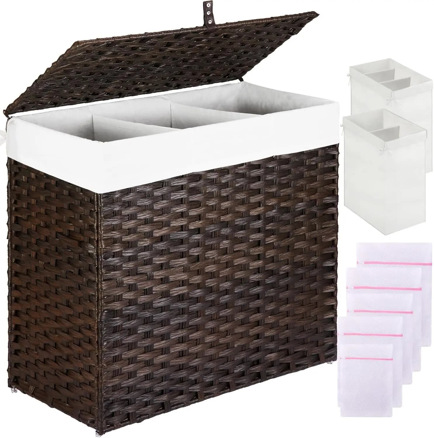 Cesto Portabiancheria Grande da 125L con Coperchio, 3 e 2 Scomparti con Sacchi Rimovibili, 5 Sacchetti in Rete, Cesto in Rattan Intrecciato a Mano in Marrone