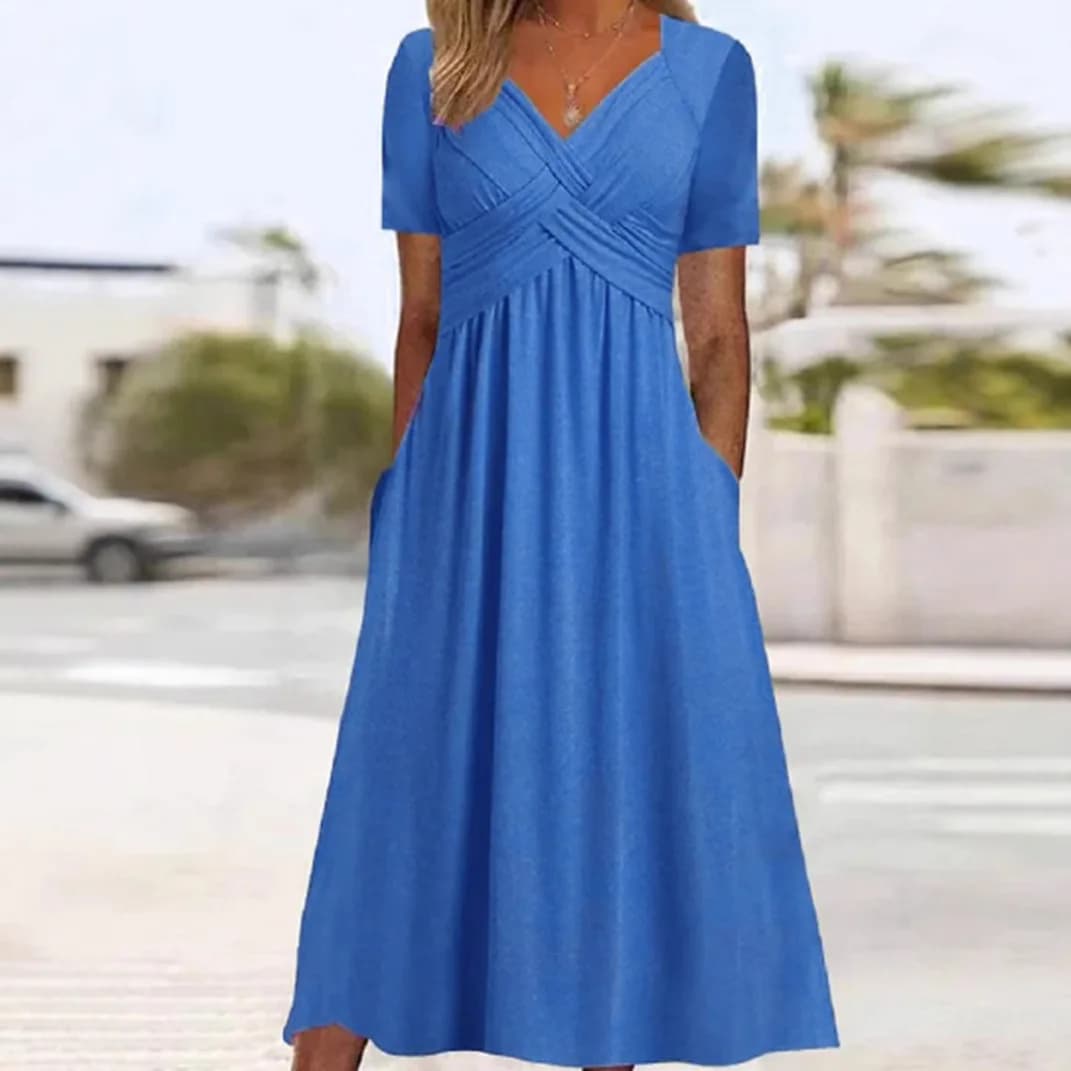 Abito estivo in tinta unita 2025 Abito da donna alla moda e casual con scollo a V a maniche corte da media lunghezza