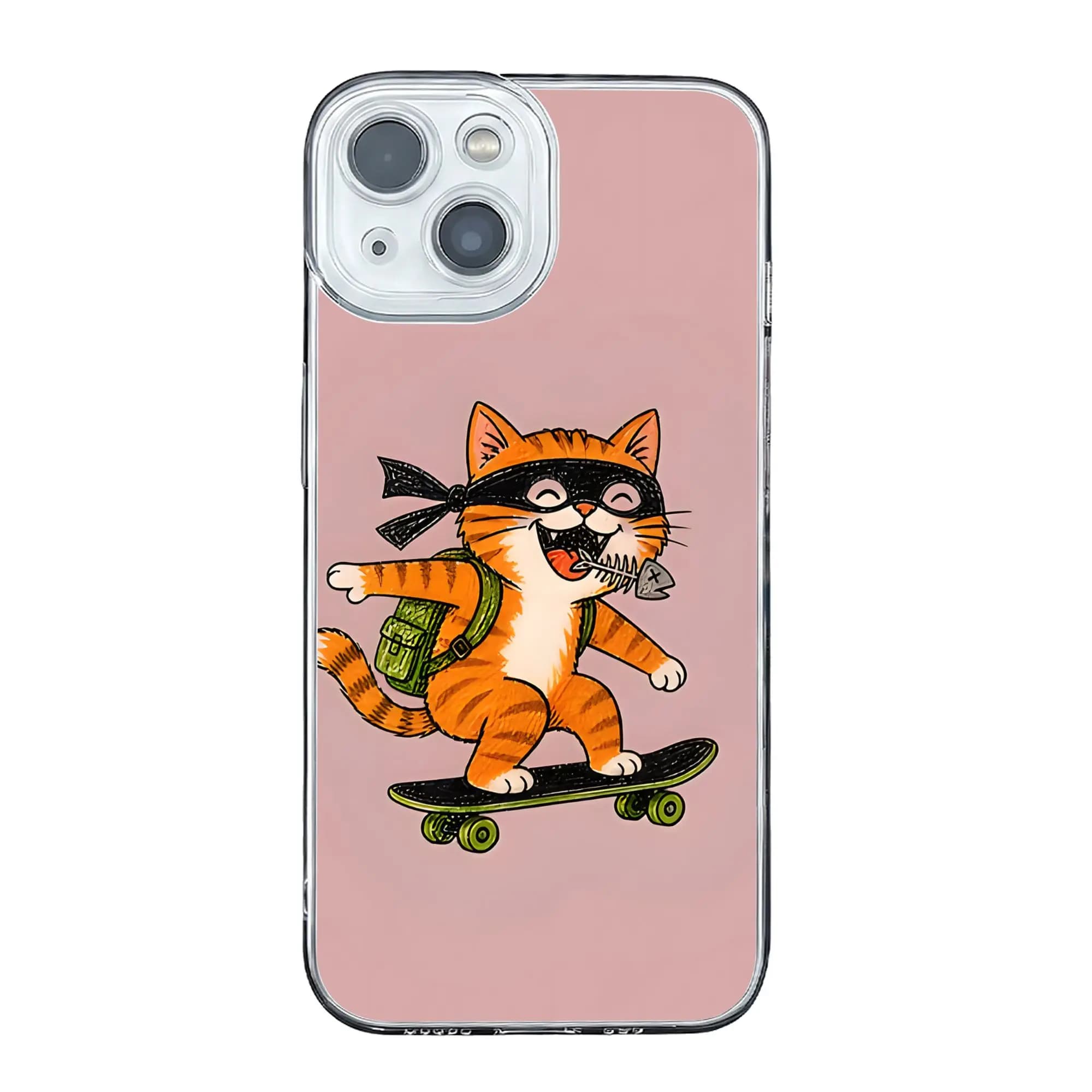 Cover per iPhone 17 16 15 14 13 12 11 Pro Max anti-collisione morbida con design divertente a cartone animato Gatto Skater, Ladro e Osso di Pesce
