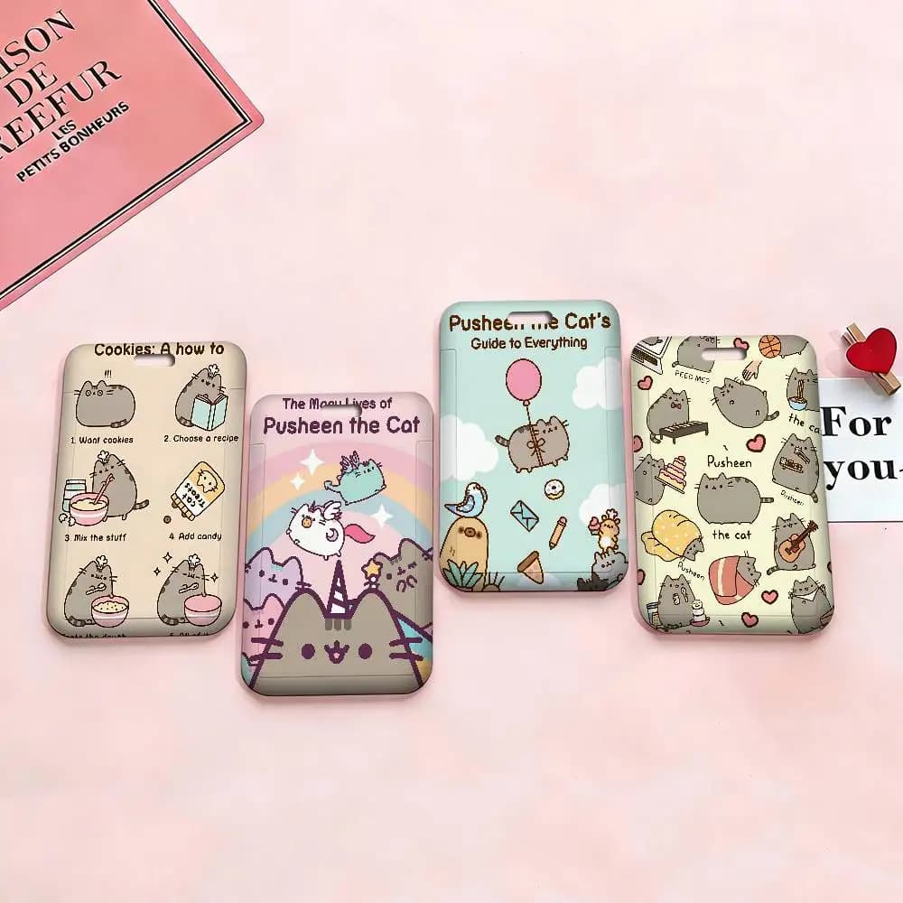 kawaii Cute P-P-PusheenS Virtual cat Work Card Case for Exhibition ID Card Lanyard Badge Card Holder Pass Card Set for Employee