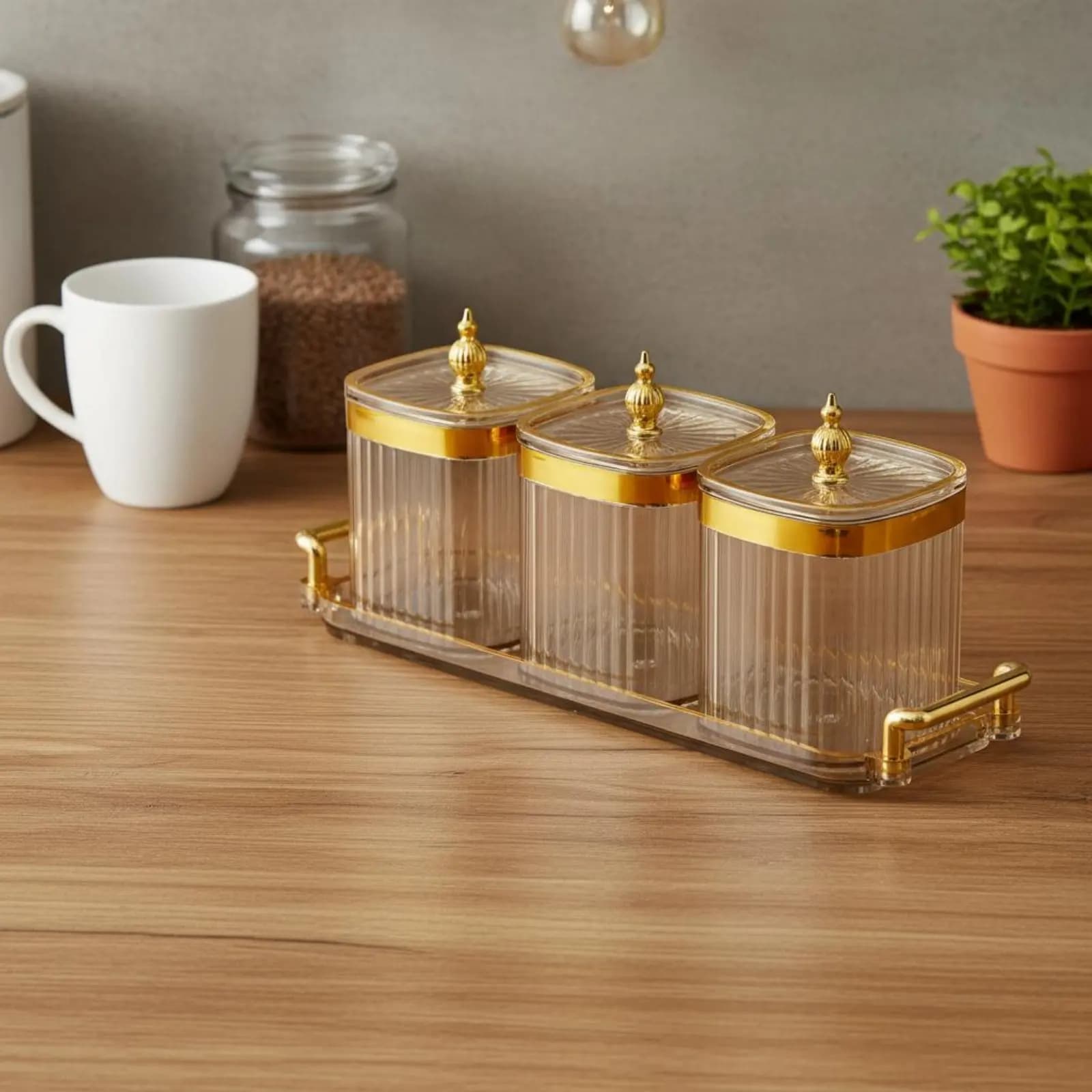 Set di barattoli per condimenti con vassoio, design morbido e lussuoso, set di barattoli per condimenti a coste, contenitore trasparente facile da pulire per piano di lavoro
