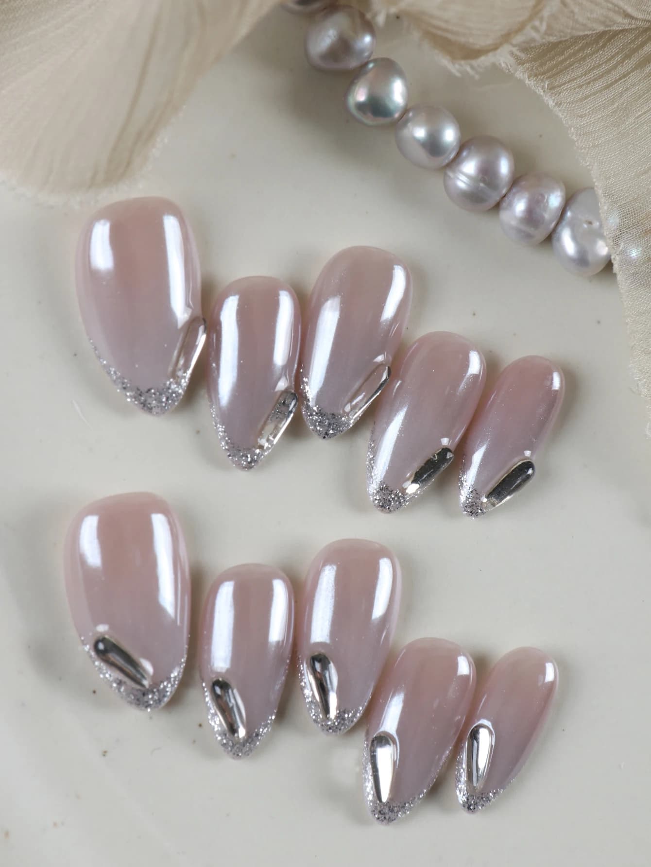10Pcs Press on Nails Almond Flash Diamond Lavender Cat's Eye Office Dailywear False Nails Artificial Nails Kit Nail Art DIY