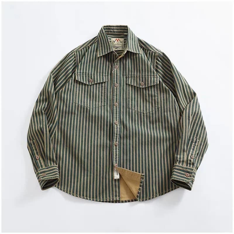 Camicia Cargo in Denim Pesante a Righe Stile American Vintage Primaverile da Uomo, 100% Cotone Lavato, Casual, Sottile, Giacca Leggera