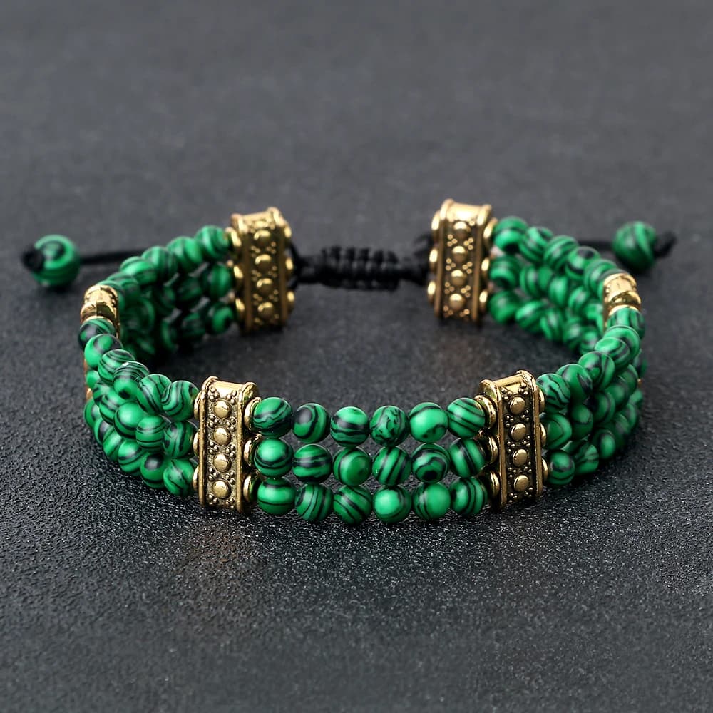 Bracciale con perline in pietra naturale a 3 file Bracciale con pietre preziose naturali di malachite turchese Bracciale grezzo in cristallo Donna Uomo Gioielli Reiki Healling