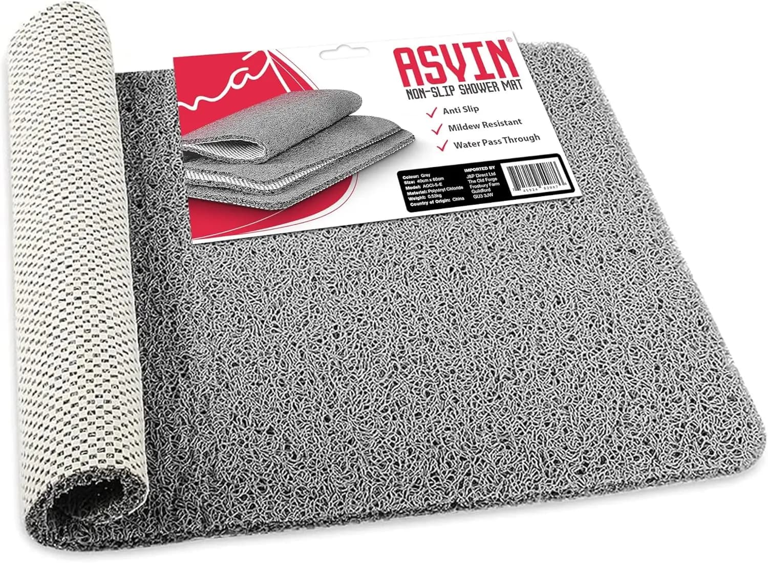 Tappetino da Bagno Antiscivolo Morbido e Texturizzato, Rettangolare 24x16 Pollici, Design in PVC Senza Ftalati con Effetto Luffa per Aree Umide, Asciugatura Rapida in Grigio