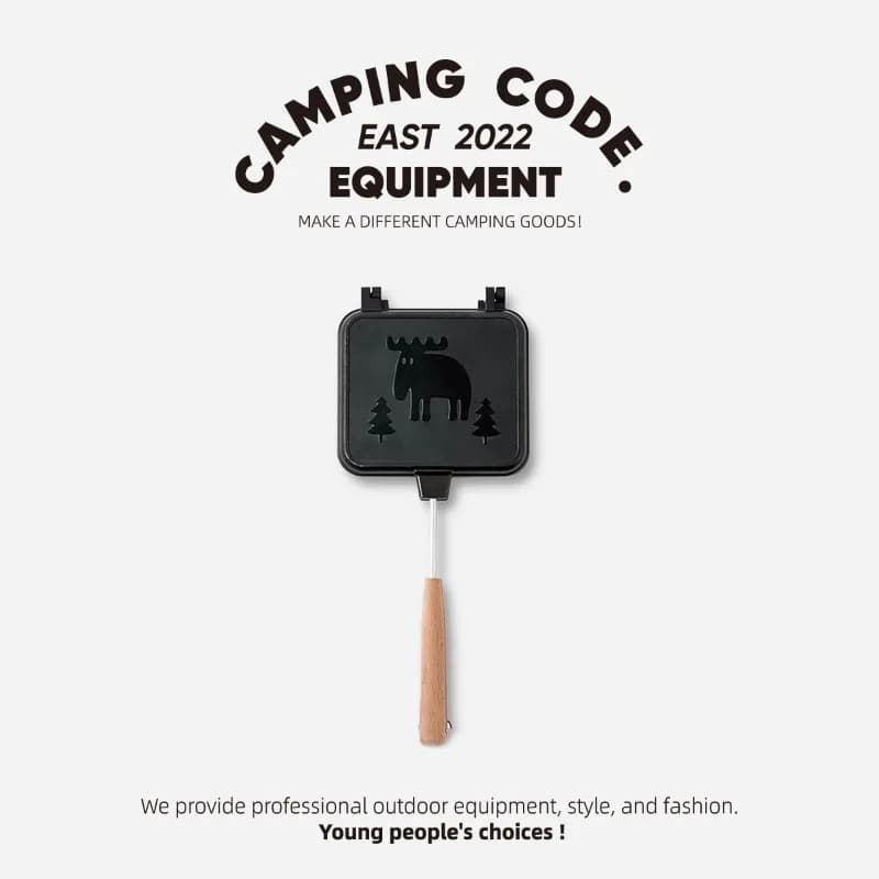 Sandwich Grill Wood-Handled Non-Stick Double-Sided Frying Pan for Outdoor Toast, Breakfast, and Panini