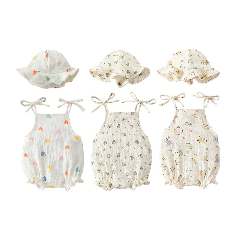 2026 Tutti i nuovi 2 pezzi Baby Summer Sling Body con cappello Set Mussola di cotone Neonato Ragazza Pagliaccetto Traspirante Vestito infantile