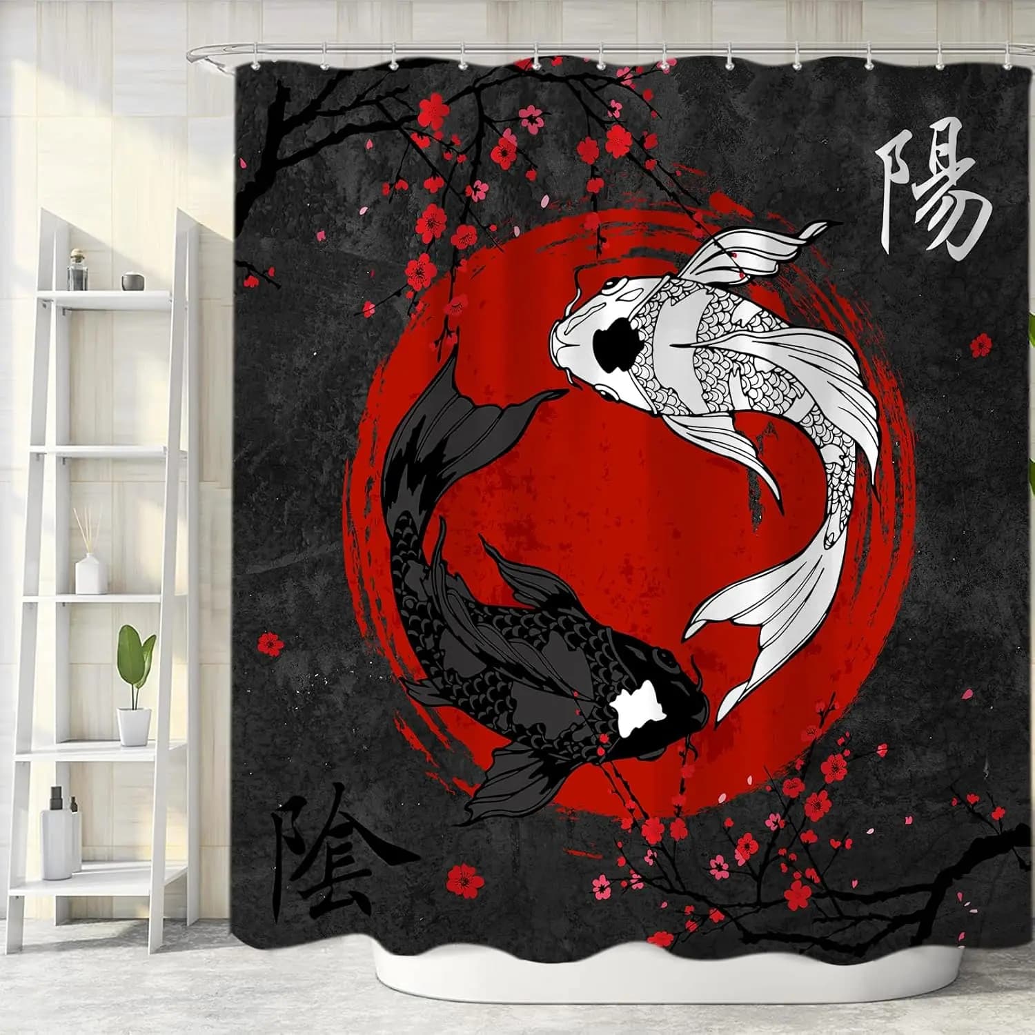 Tenda da doccia Yin Yang nera e rossa, set di tende da doccia in tessuto di pesce Koi anime giapponese fresco per uomo, bagno decorativo con