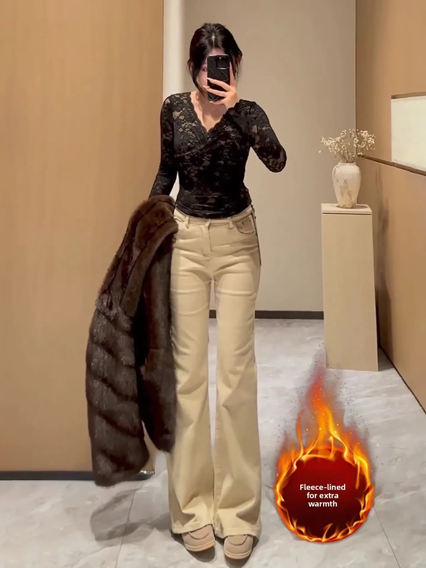 Jeans Bootcut a Vita Alta e Gamba Dritta Foderati in Pile da Donna, Caldi per Autunno Inverno, Color Khaki, con Design a Gamba Asimmetrica, Sensazione di Stile