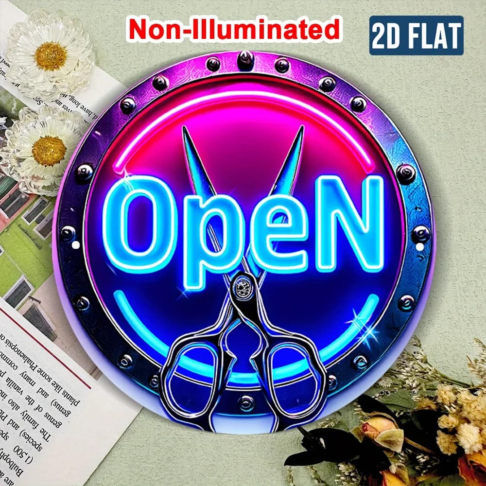Insegna Metallica 2D Piatta - 1 pz. con Scritta 'OPEN' Vibrante Stile Neon e Design a Forbici - Targa Decorativa Circolare 2D Piatta per Casa, Palestra, Caffetteria