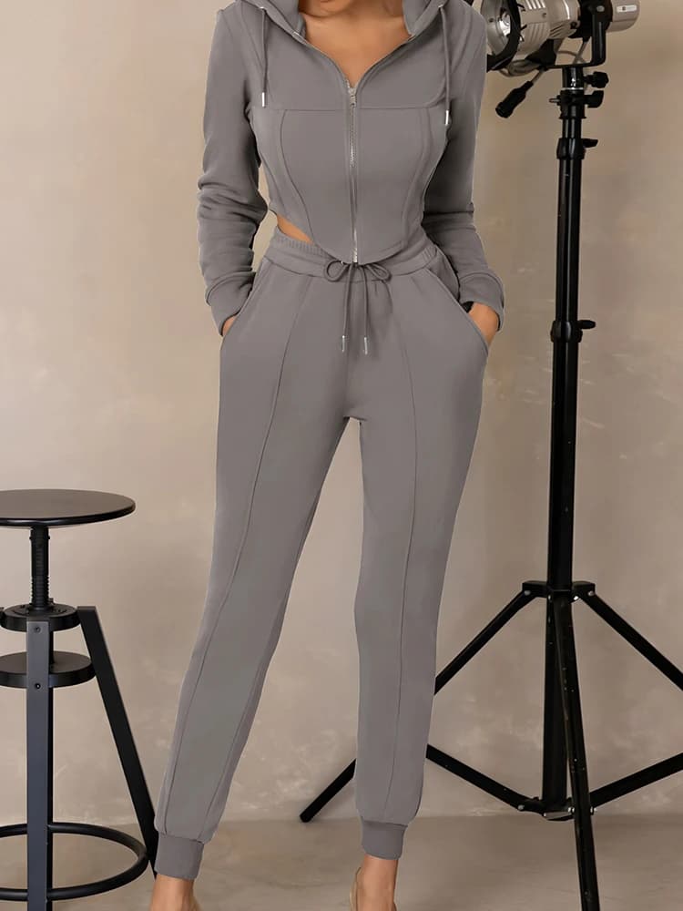 Women's Hooded Zipper Short Top And Pencil Pants Two-Piece Set High Elastic Waist Long Sleeve Fashion Outfit for Spring Autumn