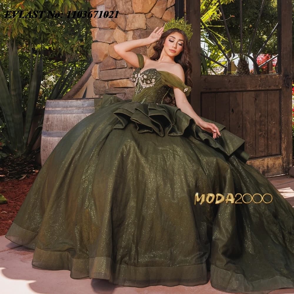 EVLAST Personalizzato Verde Oliva Abito Quinceanera Abito di Sfera Applique In Rilievo A File Messico Dolce 16 Abiti Da 15 Anos SQ572