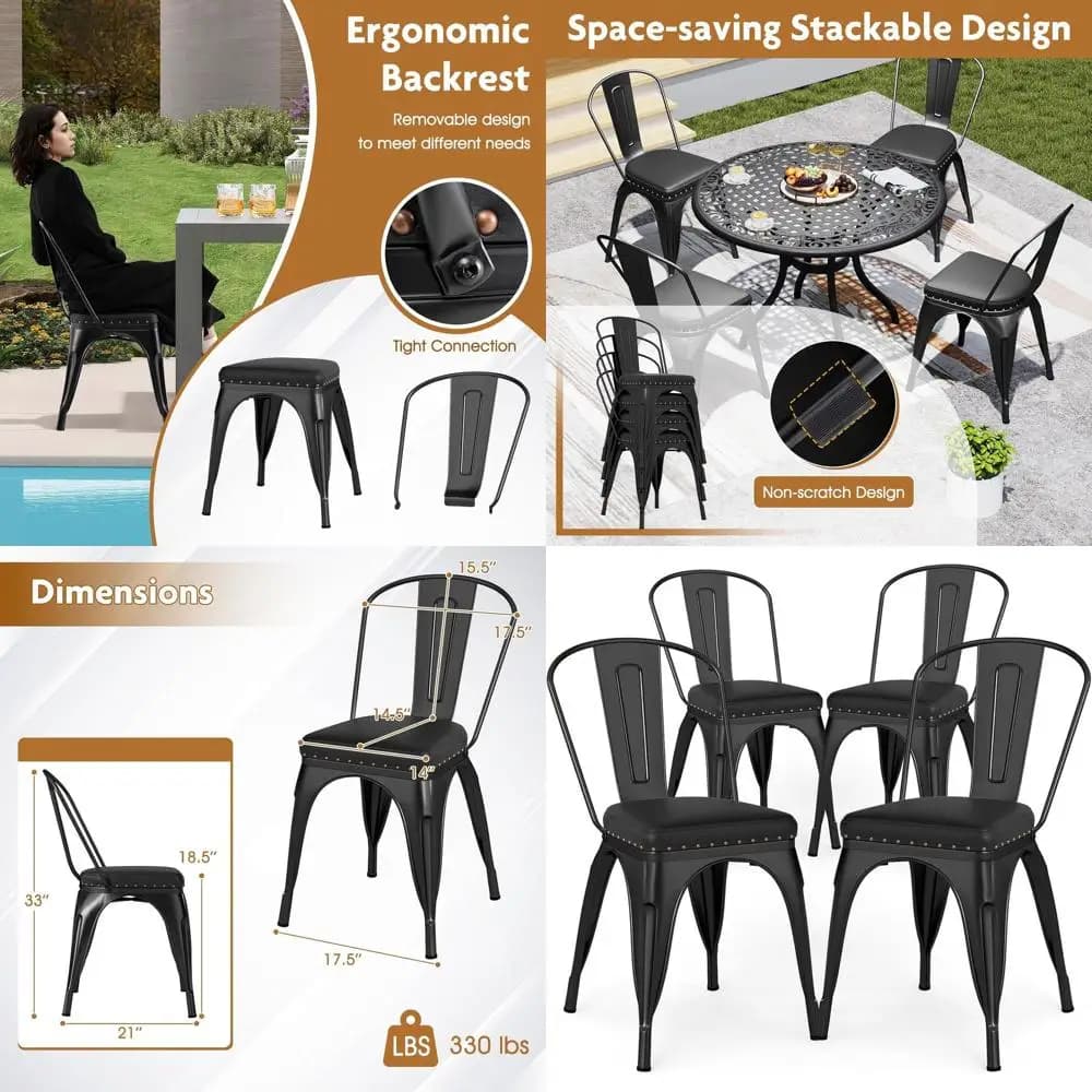 Set of 4 industrial style stackable kitchen chairs with leather cushions, ideal for dining rooms, cafes and restaurants (Nero)