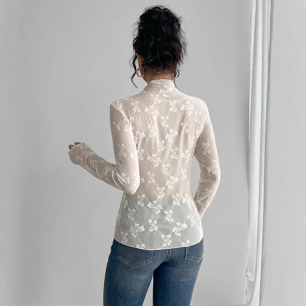 Women T Shirt Body Femmes Slim Fit Bodysuits Butterfly Jacquard T Shirts Sheer Mesh Top Transparent Bodysuit Long Sleeve Top