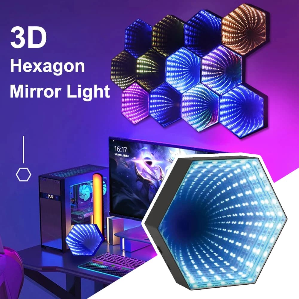 Lampade a tunnel a specchio esagonale 3D Controllo APP intelligente Luci di raccolta del ritmo musicale Luce ambientale da tavolo per l'arredamento della sala giochi della camera da letto