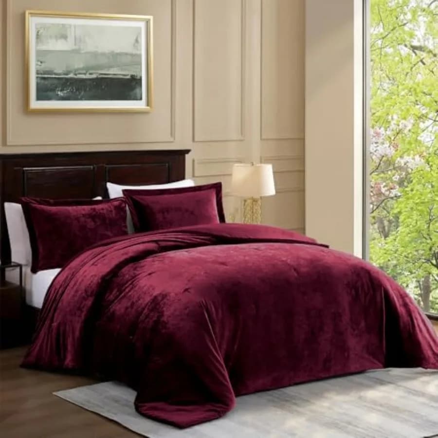 Set Copripiumino in Velluto Rosso, Biancheria da Letto in Velluto Schiacciato Ultra Morbido e Lussuoso, Set 3 Pezzi Include 1 Piumino 234x244cm e 2 Federe