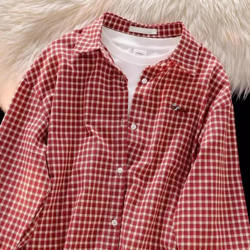 Camicie da Donna a Quadri Rossi Deeptown, Vintage con Ricamo di Cane, Maniche Lunghe, Moda Coreana, Bluse Oversize Preppy Casual Trendy