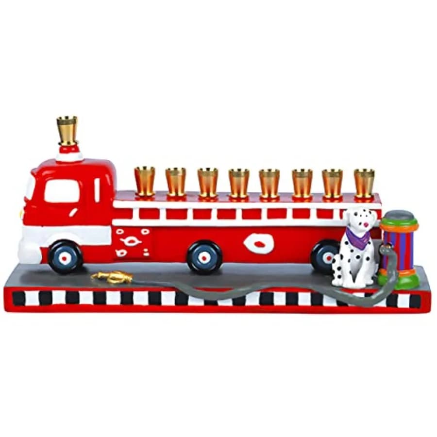 Menorah 3D a forma di camion dei pompieri, da collezione, con cane Dalmatino scolpito e idrante, Hanukkah compatibile con supporto standard
