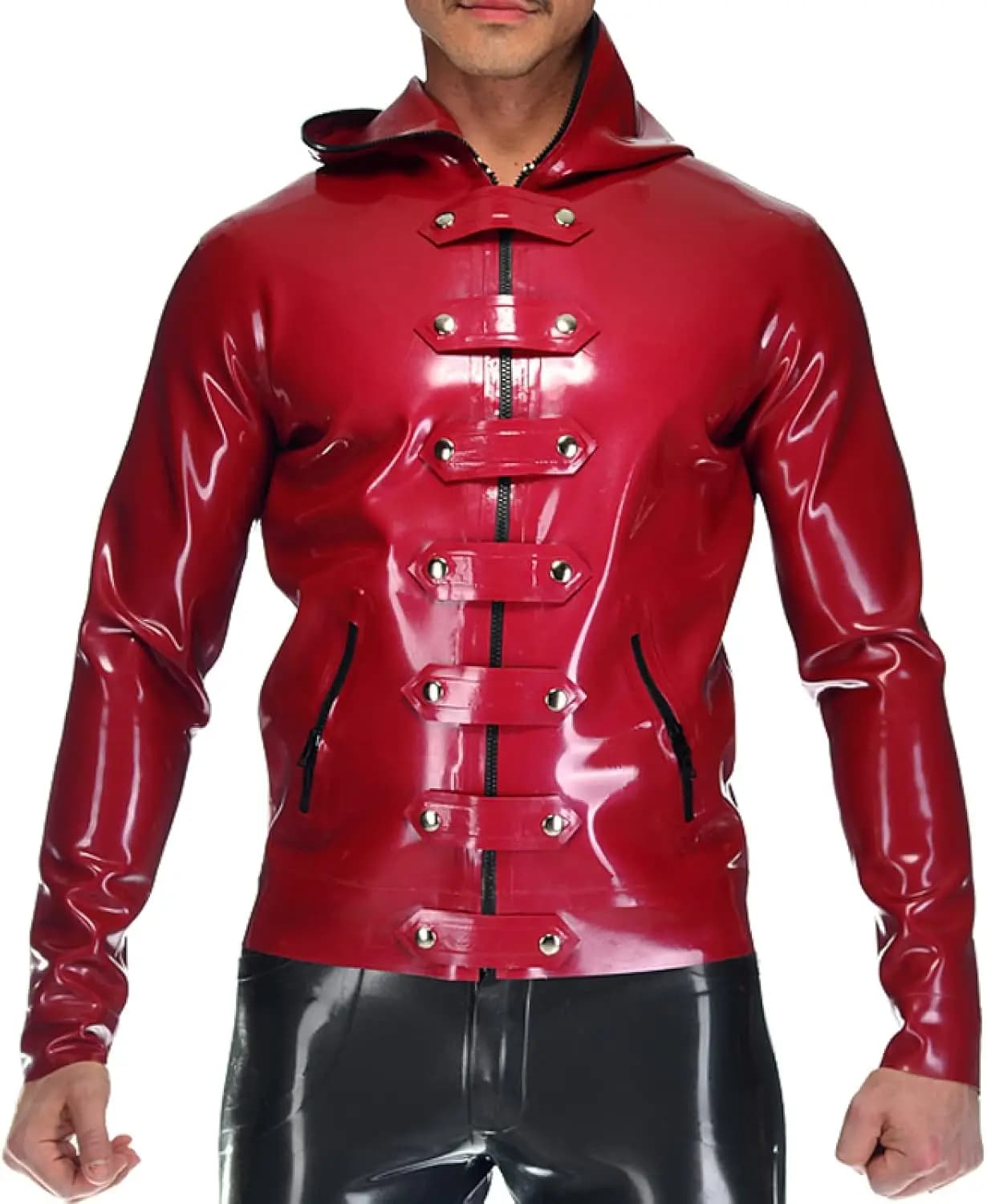 Giacca in lattice con cerniere tascabili, felpe con cappuccio, cinture sul davanti, top in gomma