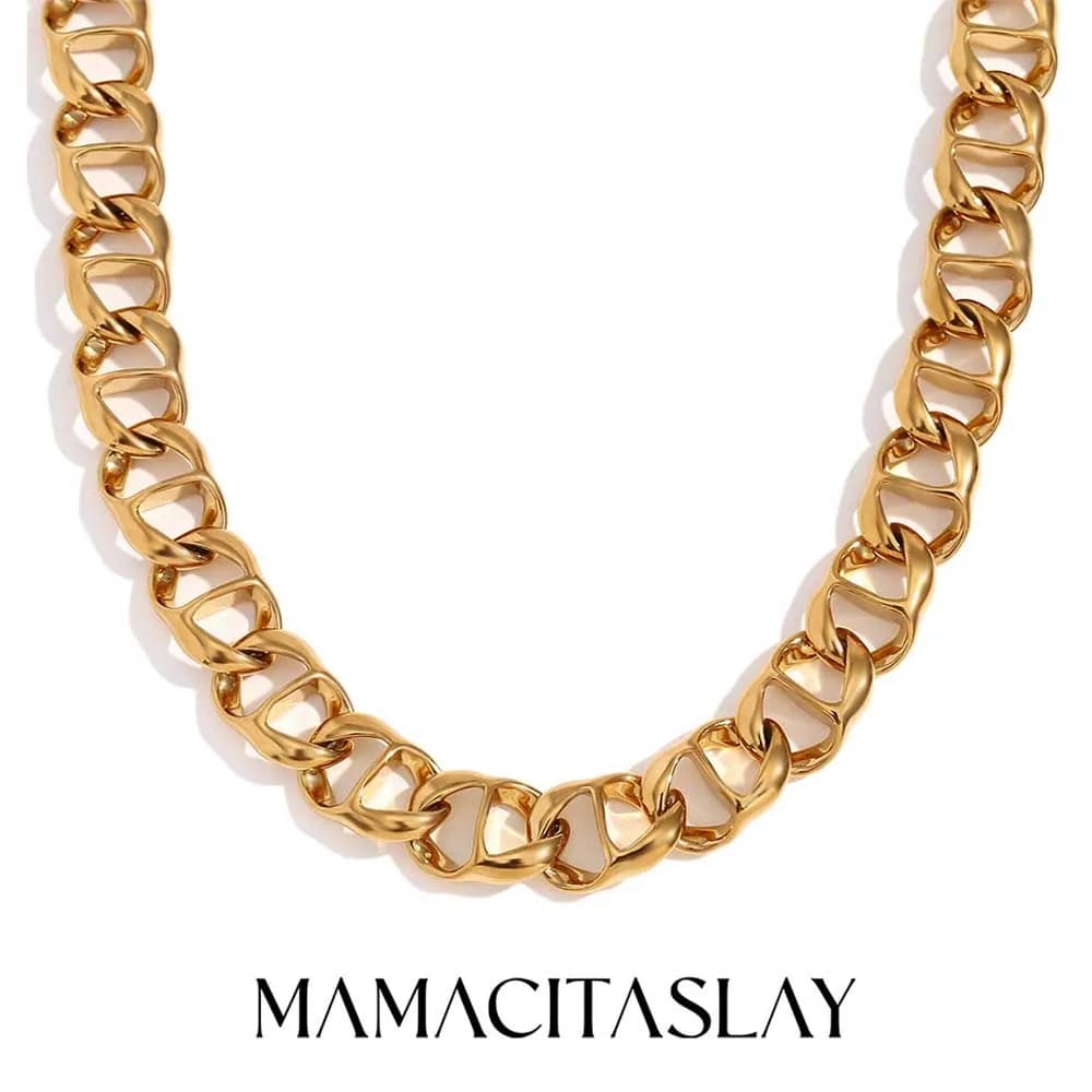 MamacitaSlay Stainless Steel 316L 11mm Width Pork nose Chain with Waterproof Buckle 18K Gold Plated Punk Style Necklace