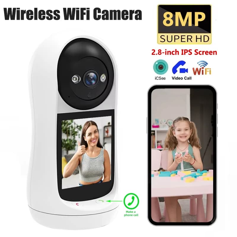 Videocamera IP Wifi da 8 MP Videochiamata con schermo IPS da 2,8 pollici Baby Cry Rilevamento del suono Sicurezza Telecamera PTZ da 32-256 GB Baby Monitor iCSee