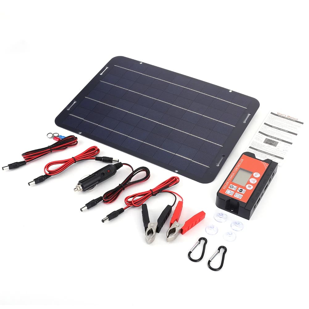 Kit Caricabatterie Solare Portatile 12W, Kit di Ricarica Solare per Batterie Auto, Caricatore Solare per Auto, Camper, Barca, Moto