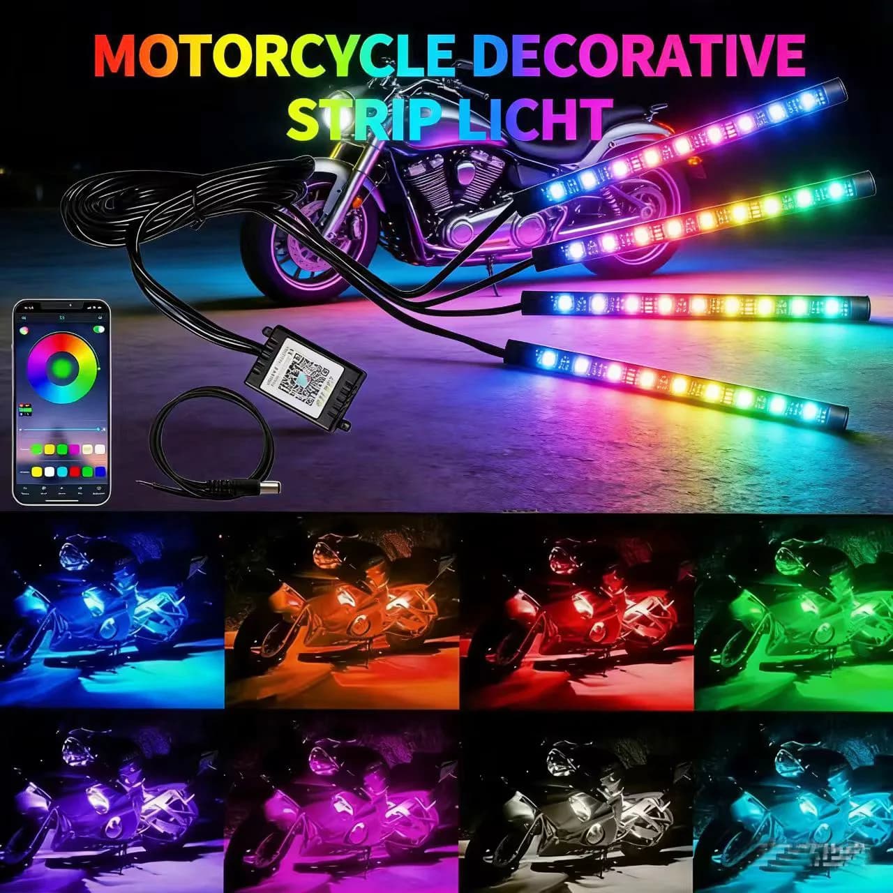 Decorative LED Lights for Motorcycle, Environmental Bright Strip RGB APP 12V for Harley, Yamaha, Kawasaki, Suzuki