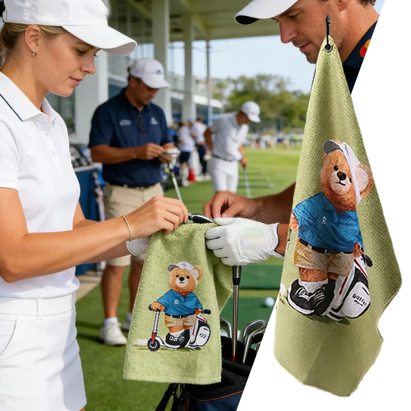 Asciugamano da golf Articoli per la pulizia con moschettone Stampa orso Asciugamani da golf divertenti per uomini Donne Principianti Appassionati Borsa da club Palla